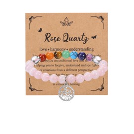 JSDDE Rose Quartz Chakra Crystals Bracelet for Women Healing Crystal Bracelet Natural Gemstone Beaded Bracelets with Life Tree Charm Jewellery Valentines Christmas Gifts