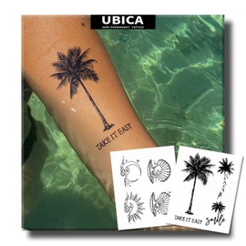 UBICA Semi Permanent Tattoo, 2 Sheets tropical Palm Tree Tattoo(Moon Sun Wave Shell), Lasts 7-15 Days, Develops Fully in 48H, Realistic, Waterproof and Non-Reflective, for Calf Arm