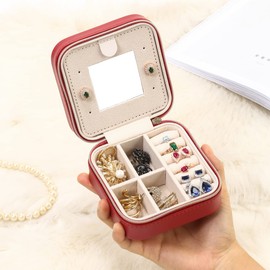 TRODANCE Jewelry Travel Case with Mirror,Small Travel Jewelry Organizer, Portable Jewelry Box Travel Mini Storage Organizer Portable Display Storage Box For Rings Earrings Necklaces (Red)