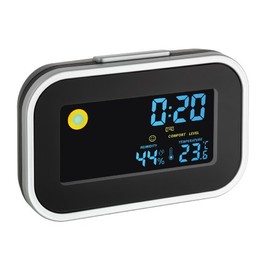 TFA Dostmann Digital Alarm Clock with Indoor Climate, 60.2015, Maximum and Lowest Values, Illuminated Colour Display, with Weather Symbol, Black, (L) 120 x (W) 35 x (H) 78 mm