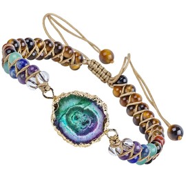 KYEYGWO Crystal Sunflower Bead Bracelet for Men and Women, Adjustable Double Braided Bracelets, 7 Chakra Stone Bracelet, Yoga Bracelet, Gemstone Jewellery, Tiger's Eye 7 chakran stone Dyed Crystals,