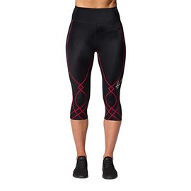 CW-X Women's Standard Stabilyx 3.0 Joint Support 3/4 Capri Compression Tight, High-Rise Leggings with Back Phone Pocket for Running, Black/Lava