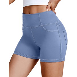 VOOVEEYA - Pantalones cortos de yoga de cintura alta de 5 pulgadas y 8 pulgadas con bolsillos para mujer, pantalones cortos de gimnasio para levantamiento de glúteos, levantamiento de glúteos, Azul/claro, M