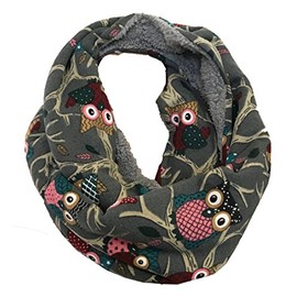 JameStyle26 Owl Fluffy Fleece Warm Winter Loop Scarf, Owl Design, Snood, Round Scarf, Teddy Lining - gray