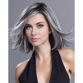 RENERSHOW Ombre Grey Short Bob Wig with Curtain Bangs for Women Salt Pepper 12inch Straight Hair Wigs Synthetic Lightweight Natural Looking Daily Party Average Size Wig