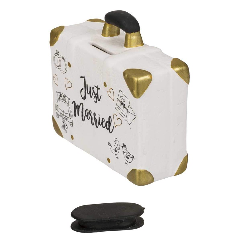 ootb Savings Box, Suitcase, just Married, Ceramic, White & Gold,