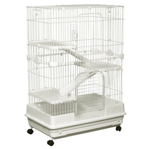 PawHut 43" H Small Animal Cage, 4-Level Bunny Cage with Rolling Stand, Chinchilla Cage with Doors, Slide-Out Tray, White