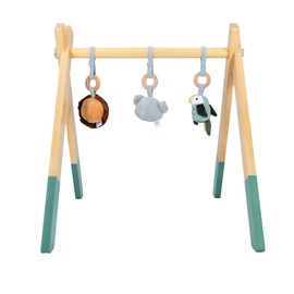 Nuby Foldable Wooden Play Gym – Animal Adventures Theme, 3 Hanging Toys (Koala, Parrot, Lion), Stimulates Senses, Easy Fold for Storage, Great for Travel, Encourages Hand-Eye Coordination, 0+M