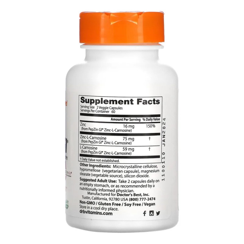 Zinc-l-carnosina 120 Caps Veg Frmula Con Pepzin Gi Sin Sabor