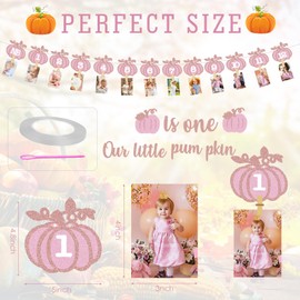 Pink Fall Pumpkin 1st Birthday Photo Banner Pumpkin Birthday Photo Banner for Newborn to 12 Months Milestone Photograph Bunting Garland for Baby Girl 1st Birthday Party Supplies