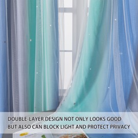 XiDi Dream Star Blackout Fabric Curtains for Kids Rooms Girl Princess Curtain for Daughter Bedroom Window (Blue Green Grey, W52 X L84)