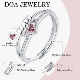 Birthstone Jewellery for Women, Adjustable October Birthstone Cubic Zirconia Ring, Sterling Silver Plated Fidget Gifts, Pink Anxiety Heart Rings for Daughter Birthday Christmas