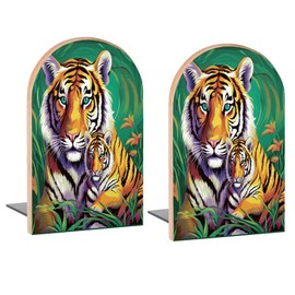 Buyidec Book Ends Tiger Family in Jungle Wood Bookends for Shelves to Hold Books Heavy Duty Non-Skid Book Stoppers Wood Decorative Home Office School