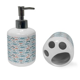 Ambesonne Cartoon Soap Dispenser & Toothbrush Holder Set, Smiling Sun Mushrooms Hearts Flowers Shower Elements, Ceramic Bathroom Toiletry Accessories, 2 Pcs, Pale Azure Blue Coral