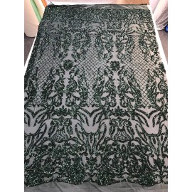 NEW CREATIONS FABRIC AND FOAM INC HUNTER GREEN SEQUINS DAMASK DESIGN EMBROIDERY ON A 4 WAY STRETCH MESH-BY YARD