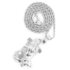 GIFTS INFINITY Hip-Hop Rope Brush Matte Finish Silver Tone Praying Hand with Cross Pendant Necklace Free 24" chain,