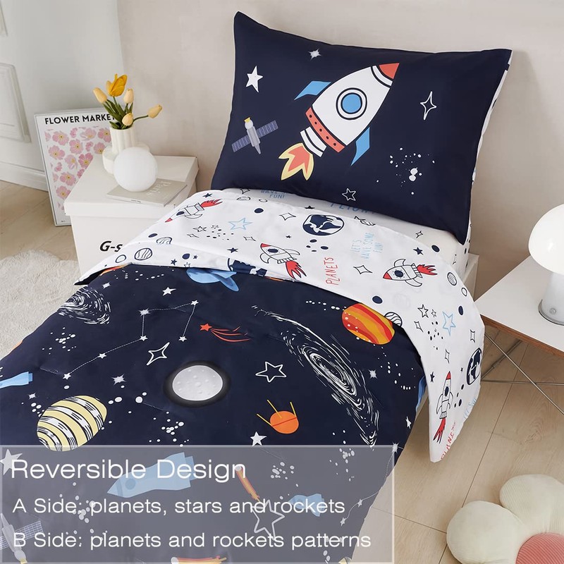 PERFEMET Twin Comforter Set 4 Piece Kids Space Rockets Comforter