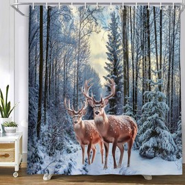 MERCHR Winter Snow Forest Shower Curtain, Christmas Pine Tree Deer Snowflake Shower Curtain for Bathroom, Xmas Holiday Decor Rustic Farmhouse Waterproof Fabric Set with Hooks, 71 x 71 Inch