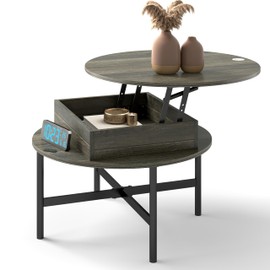 Manora Small Round Coffee Table with Lifting Top and Storage, 2-Tier Modern Minimalist Table for Living Room,Wooden Coffee Table with Hidden Compartment, Gray