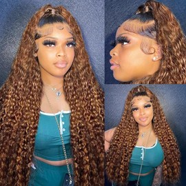 24 Inch Highlight Ombre Lace Front Wig Human Hair 13x6 HD Honey Blonde 4/27 Deep Wave Lace Front Wigs Human Hair 180% Density Colored Deep Curly Lace Frontal Wigs Human Hair Pre Plucked with Baby Hair