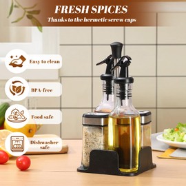 SXTIHD 200 ml oil and vinegar bottle*2 and 120 ml spice container*2, 5-in-1, pepper mill with funnel and hard brush (transparent)
