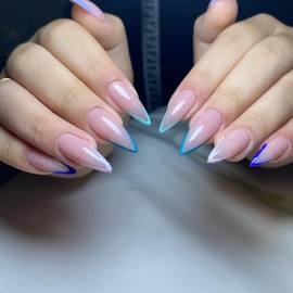 French Tip Press on Nails Medium Almond Fake Nails with Colorful Designs 24 Pcs Natural Reusable Acrylic Nail Full Cover Stick on Nail for Women Party Dating No Glue WYFHDT