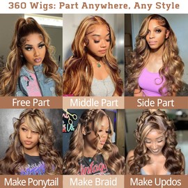 Highlight Body Wave 360 Lace Front Wigs Human Hair Pre Plucked Glueless HD Transparent Full 360 Lace Front Wigs Human Hair for Black Women Ombre Blonde P4/27 150% Density 360 Colored Wigs 26 Inch