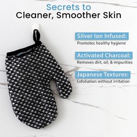 Shower Bouquet Pack de 2 Guantes Exfoliantes Japoneses - Guantes Exfoliantes de Carbón Y Plata con Iones para La Ducha - Tejido Interior Suave para Una Exfoliación Delicada Y Una Limpieza Profunda Del