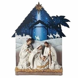 Roman Nativity with Printed Stable Night Sky, 13-inch Height, Resin, Wood