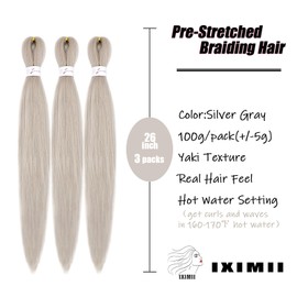 IXIMII 3 packs Silver Gray Pre Stretched Braiding Hair 26 inch Grey Prestretched Kanekalon Hair Soft Straight Crochet Braids Yaki Texture Synthetic Hair Extensions