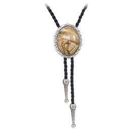 JPJZY BRBAM Celtic Style Natural Stone Bolo Tie Elegant Oval Gemstone Pendant Leather Necktie for Men and Women (Sand Painting)