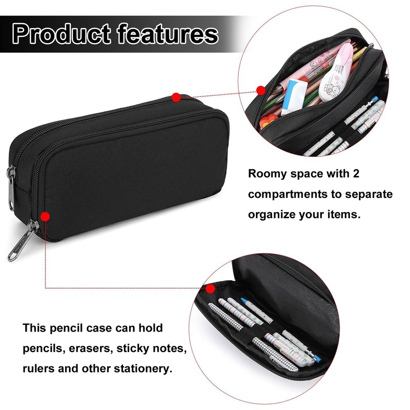 Gunwon 1 Pcs Black Stationery Pencil Case Bag,Large Pencil Cases