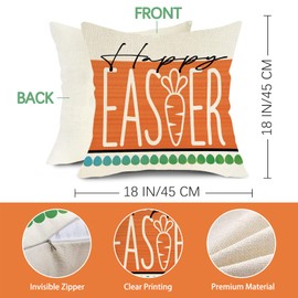 Fjfz Happy Easter Gnome Decorative Throw Pillow Covers 18 x 18 Set of 4, Orange Egg Hunt Squad Bunny Rabbit Carrot Porch Outdoor Home Decor, Spring Chicks Chicken Stripes Couch Cushion Case