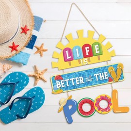 TOARTi Life is Better at The Pool Wood Hanging Sign,11.8 * 13.9 Inch Summer Sunshine Popsicle Swimming Pool Decor,Funny Pool Decorations for Outdoor Beach Party