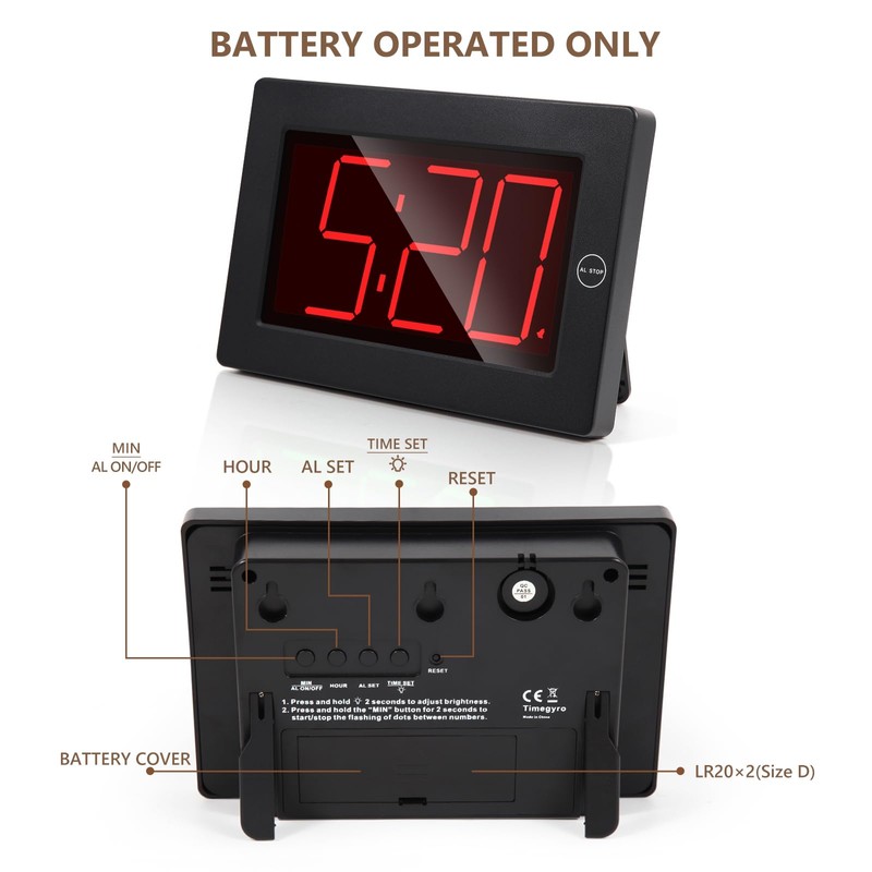 Timegyro LED Digital Wall Clock Battery Operated - Large Display