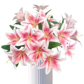 ARTIFIPLANT Artificial Light Pink Lilies Flowers,10Pcs Faux Lily Flower,20''Tiger Lily Branch with 2 Full Blooms, Faux Fake Lilies Plants for Wedding Bouquet Home Party Indoor Floral Arrangements