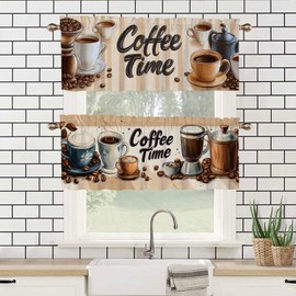 CAIJXIONG Coffee Valance Curtains 2 Pack Farmhouse Country Coffee Vintage Valance for Kitchen Windows Bathroom Living Room Bedroom Window Treatment Valances 54x18 inch