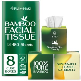 Bamboo Facial Tissue | 3-Ply Strong | Lint-Free, Fragrance-Free | Gentle for Sensitive Skin | BPA & PFAS-Free, FSC Certified | 8 Cube Boxes (480 Sheets) | PALM NAKI