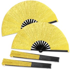 Qyeahkj 2 Pcs Glitter Gold Hand Fan for Men Women Large Folding Hand Fan Rave Clack Handheld Fan Chinese Tai Chi Kung Fu Fan Foldable Fabric Fans Decorative for EDM Club Party Dance Performance