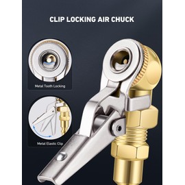 EVOULTES 2-Pack Closed Ball Tire Chuck with Clip, 1/4" FNPT Locking Air Chuck Tire Inflator Nozzle with Quick Plug, 2-Way Connection Clip-On Air Chuck for Tire Air Compressor Accessories