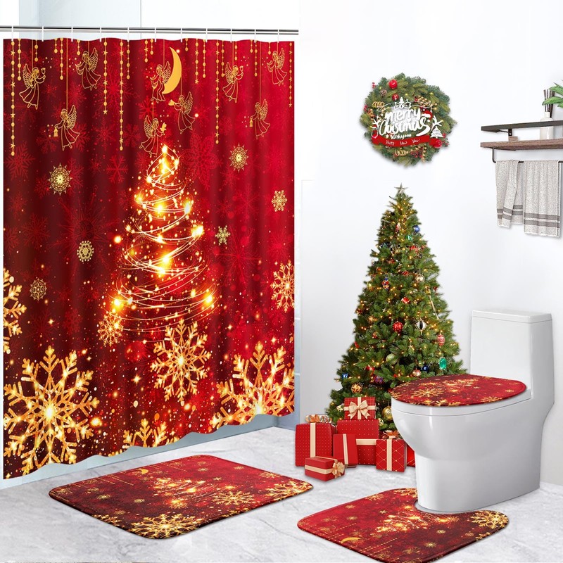 Nesphy Bathroom Sets with Shower Curtain and Rugs, 4 Pcs,Christmas