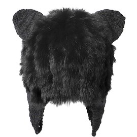 Women Cat Ear Beanie Hat Faux Fur Trapper Hat Cute Animal Earflap Hunting Hat Knitted Crochet Hat for Skiing Skating Climbing Black