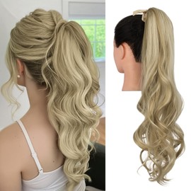 Qunlinta Ponytail Extension, Curly Pony Tails Hair Extensions Clip Ins Wrap Around Band Hair Pieces for Women Synthetic Soft Fake Ponytails Ash Blonde Mix Bleach Blonde