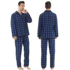 Mens Pyjamas Sets Cotton Checked Drawstring Loungewear Set Button Up Long Sleeve Tops and Pjs Bottoms Sleepwear Suits