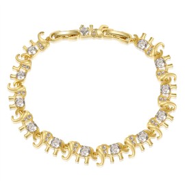 Gemsme 14K Yellow Gold Plated 4mm Cubic Zirconia Elephant Bracelet for Women Cute Animal CZ Link Chain Bracelet with Fold Over Clasp Jewelry Gift（6.5 Inch+1Inch）