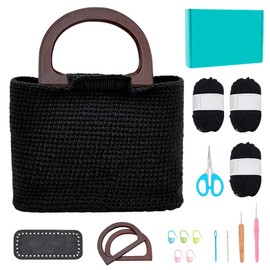 FREEBLOSS Crochet Kit for Beginners Black Crochet Tote Bag with Wood Handles Black Crochet Knitted Bag Crochet Starter Kit with Step-by-Step Video Tutorials Knitting Kit for Gift