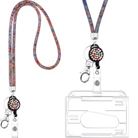 Crystal Lanyard Necklace with Transparent ID Card Holder and Key Ring, Bling Rhinestone Crystal Lanyard Strap, Clear ID Holder and Lanyard, Multicoloured/ Black
