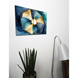 The Plum Penguin Heptagon Fluid Abstract Wall Art, A4 Dual Wood MDF Panels, Indigo Teal & Gold-Amethyst Print Canvas Alternative 40 x 30cm