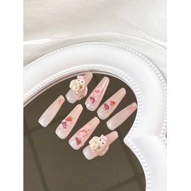 Press on Nails Long Coffin Fake Nails Pink Full Cover False Nails with 5D Bunny Designs Glossy with Heart Pattern and Bunny Rhinestones Artificial Acrylic Nails for Women Girls 24 Pcs