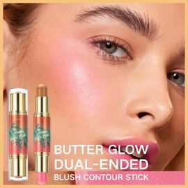 Dual-Ended Multiuse Blush Contour Stick,Butter Glow & Go Blendable Creamy Bronzer Stick,Complementary Shades For Bronzing Contour Stick Makeup,Sunkissed Rose Smooth Hydrating Formula Highlighter Stick